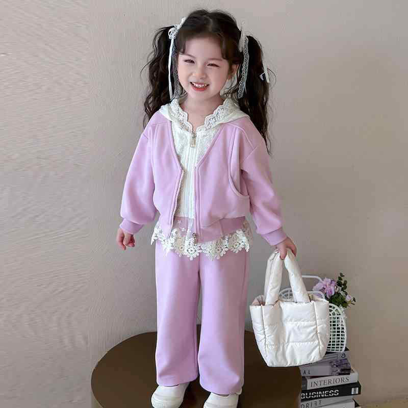 女の子 スウェットパンツ セットアップ 春秋 おしゃれ トレンド 子供服 レース スポーツ 柔らかい 長袖 ロング丈 綿混
