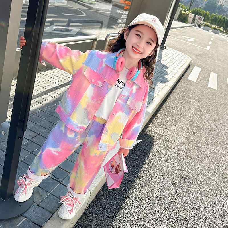セットアップ キッズ 女の子 デニム 長袖 ロングパンツ 春秋 韓国風 タイダイ柄 おしゃれ カジュアル ..