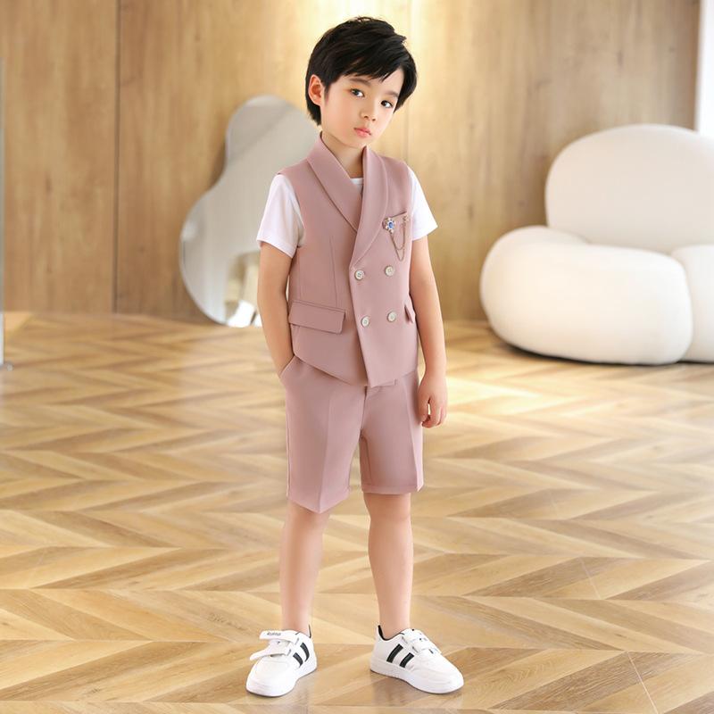 キッズ 男の子 フォーマルスーツ セレモニースーツ ベスト セットアップ ショートパンツ 無地 ダブルボタン 韓国風 柔らかい素材 発表会 結婚式 七五三 入学式 卒業式 演奏会 舞台 春夏秋