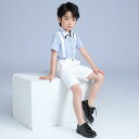 キッズ 男の子 フォーマル セットアップ 半袖 ストライプ シャツ サスペンダー ショートパンツ 薄手 春夏 発表会 ステージ衣装 記念写真 セレモニー 入学式...
