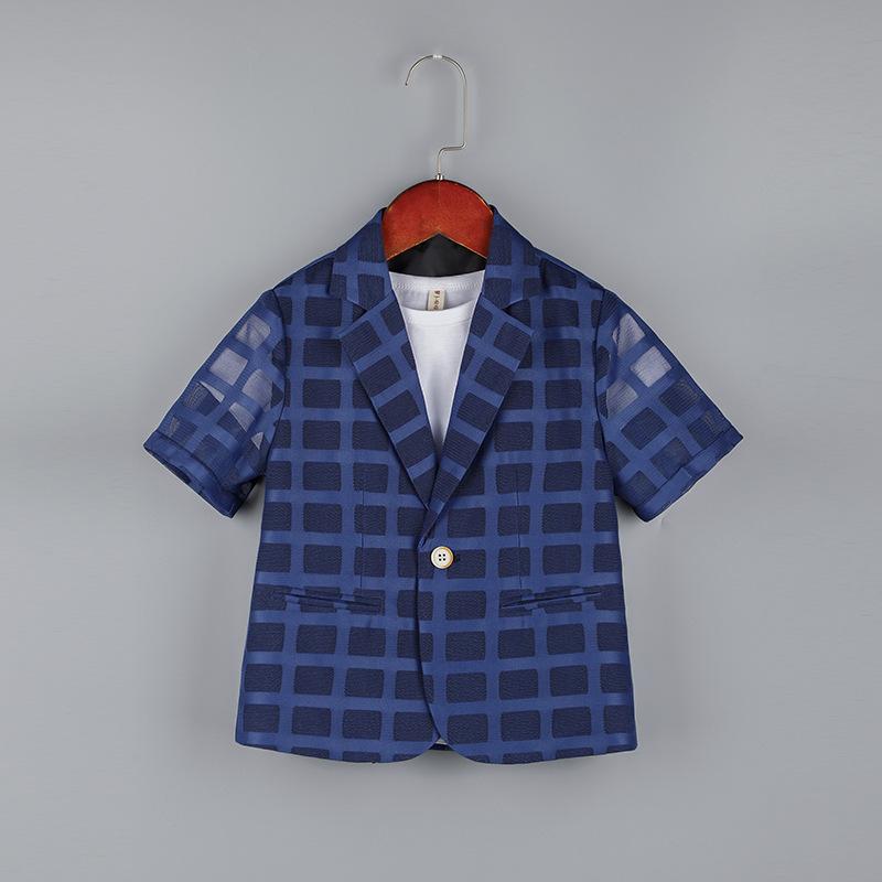 キッズ 男の子用 フォーマル ジャケット ブレザー ショート丈 半袖 Vネック シングルボタン チェック柄..