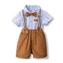 キッズ 男の子 春夏秋 半袖 やわらかい肌触り コットン ストライプ ブリティッシュ カジュアル セットアップ シャツ サスペンダー付き ショートパンツ 4点セ...
