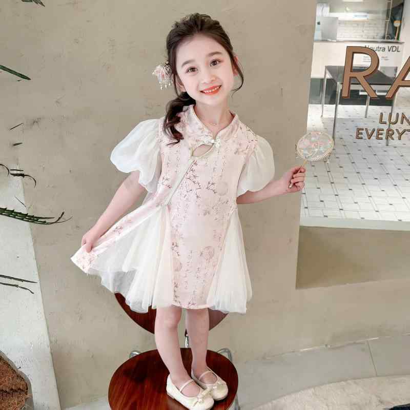 チャイナドレス キッズ 女の子 プリンセスライン 綿混 柔らか素材 中式 古風 おしゃれ チュールワンピース 春夏 3歳から8歳向け
