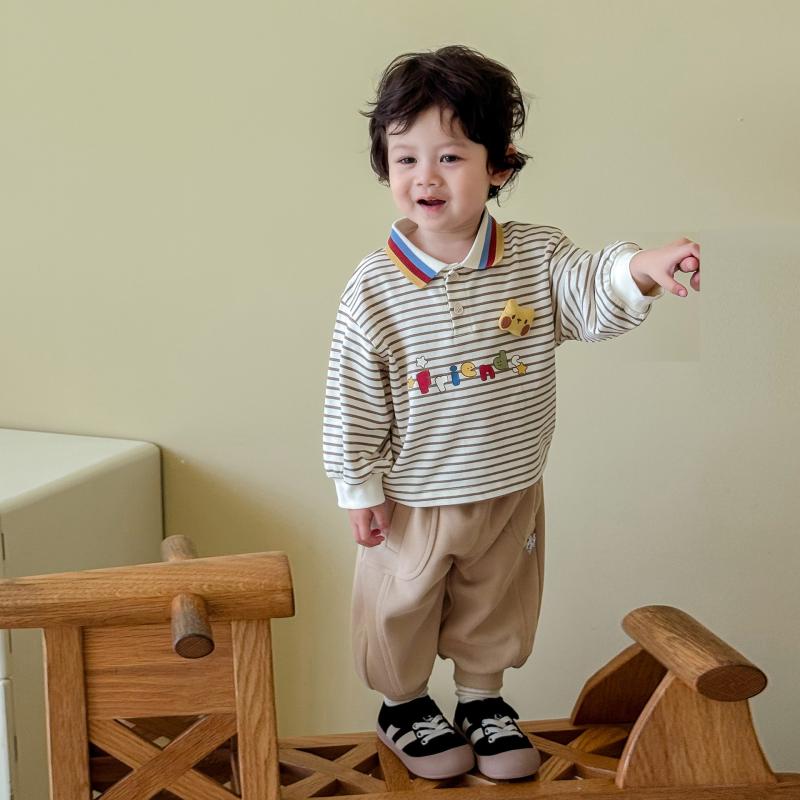 Tシャツ キッズ 男の子 ストライプ柄 キャラクター ぬいぐるみ 韓国風 長袖 インナー 襟付き 綿混 カジュアル 秋服 おしゃれ 子供服 トップス
