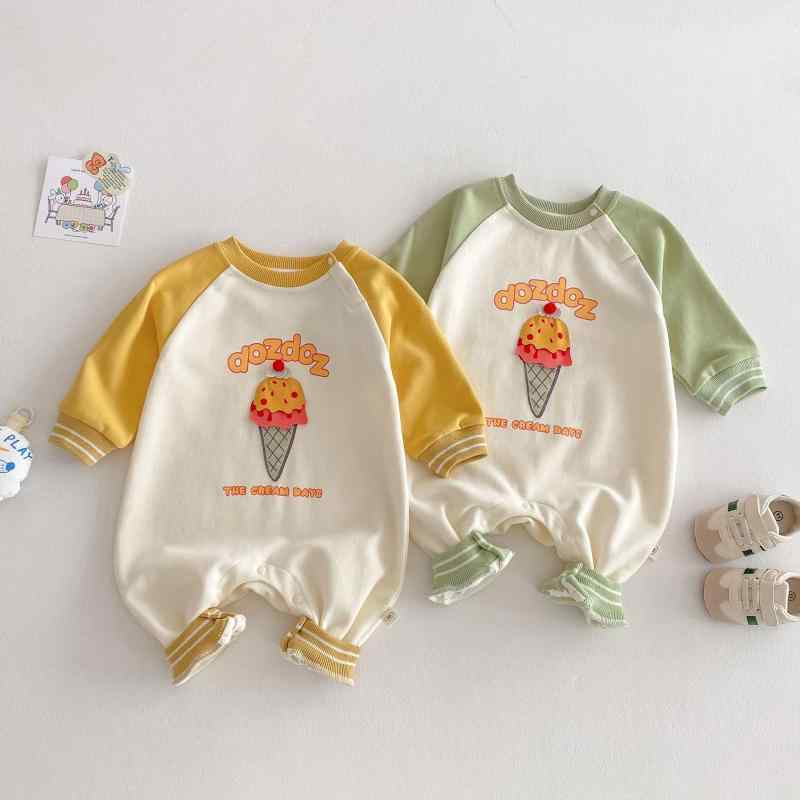 ロンパース ベビー 赤ちゃん 新生児 長袖 コットン 男女兼用 韓国風 アイスクリーム柄 アルファベット..
