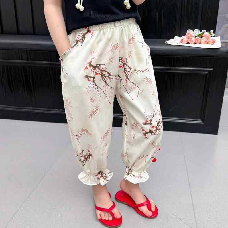 パンツ キッズ 女の子 防蚊効果 新中国風 水墨画 梅 竹柄 クロップド丈 コットン 綿素材 ソフトな肌触..