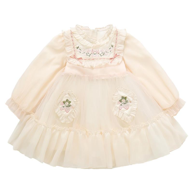 ワンピース 女の子 キッズ いちご刺繍 ロリータ風 プリンセス チュール フォーマル 発表会 結婚式 春 豪華 上品 かわいい ピンク コットンブレンド 子供服