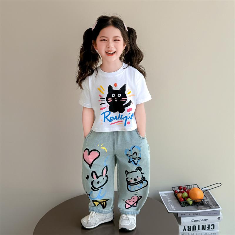 キッズ セットアップ 女の子 キャラクター Tシャツ デニム ショートパンツ ストリートカジュアル グラフィティプリント 春夏 薄手 涼しい 肌触り良い 普段着 2点セット