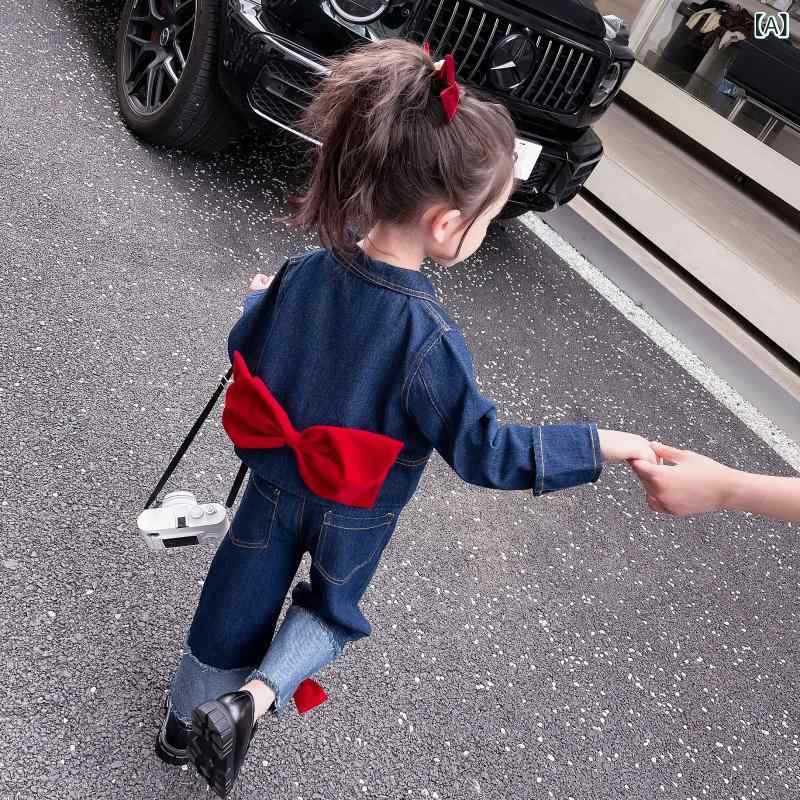 キッズ 女の子 デニム セットアップ リボン 韓国風 おしゃれ 春秋 長袖 綿 コットン かわいい パンツ 上下セット カジュアル トレンド 通園 通学 お出かけ着