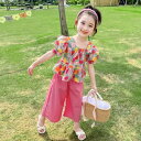 キッズ 女の子 セットアップ 半袖 ワイドパンツ チューリップ 花柄 夏 薄手 かわいい おしゃれ ツーピース 綿混 ルームウェア