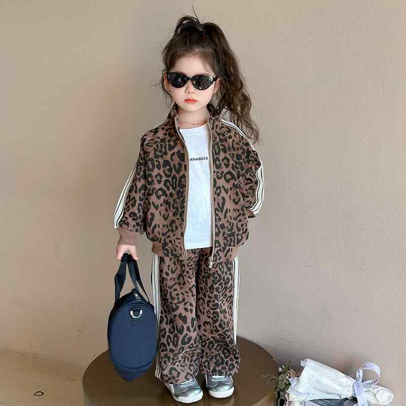 キッズ 女の子 柔らかい肌触り 長袖 ヒョウ柄 パンツ セットアップ 上下セット 春秋 2点セット おしゃれ 韓国風 カジュアル 通園着 ピンク カーキ