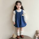 子供服 女の子 デニム サロペットワンピース ジャンパースカート 長袖 セットアップ 春秋 かわいい カジュアル ツーピース 柔らか素材 綿混素材 ブルー