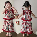 キッズ セットアップ 女の子 夏服 薄手 ノースリーブ 綿混 小花柄 九分丈パンツ バラ柄 2点セット やわらか素材 韓国子供服