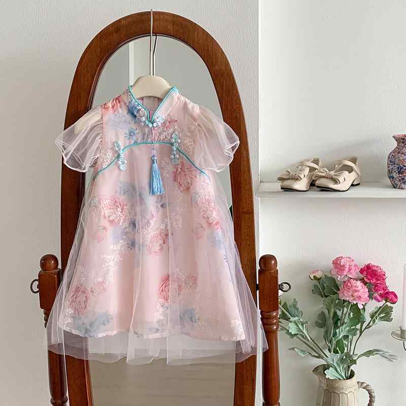 ワンピース 女の子 キッズ 子供服 中国風 小花柄 フラワー 上品 エレガント 高級感 半袖 チャイナドレス 夏物 サマー プリンセスライン Aライン 通気性 発表会 お出かけ ピンク ポリエステル 綿