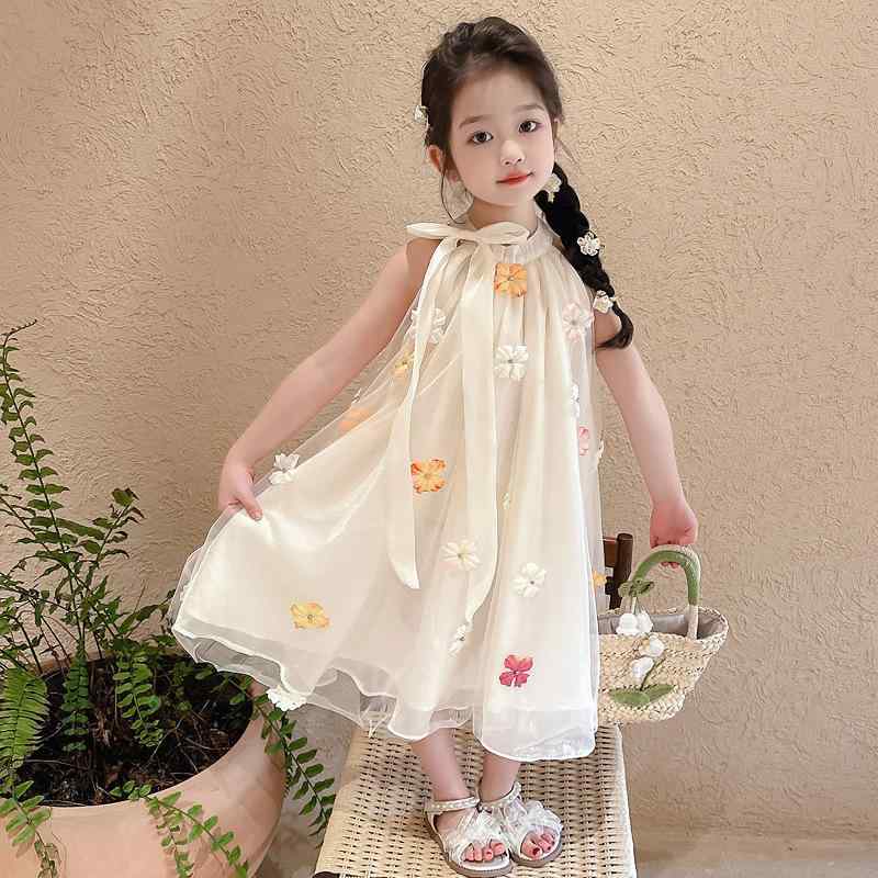 ワンピース 女の子 キッズ ベビー プリンセスドレス ノースリーブ チュール 花柄 柔らか ポリエステル 春夏 リゾート風 かわいい おしゃれ エレガント お出かけ ふわふわ 姫系