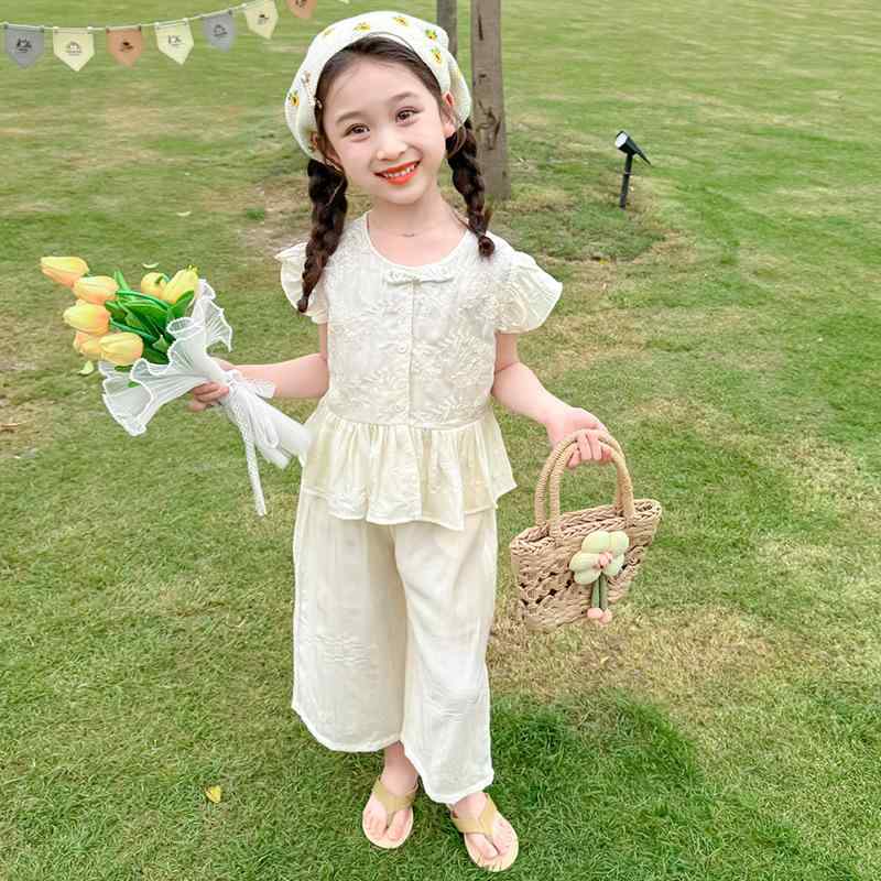 キッズ ガールズ 夏服 セットアップ 上下セット パンツ 2点セット 半袖 薄手 中国風 チャイナボタン プ..