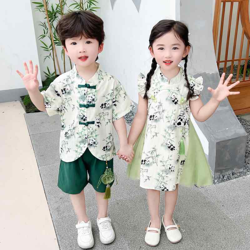 キッズ 女の子 半袖 ショートパンツ セットアップ パンダ 竹柄 春夏 薄手 柔らか 綿混 新中式 発表会衣装 かわいい