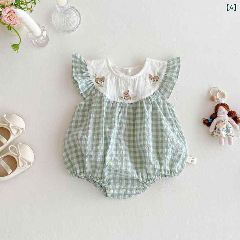 薄手 軽量 ロンパース カバーオール 女の子 ベビー うさぎ 刺繍 チェック柄 フリル...