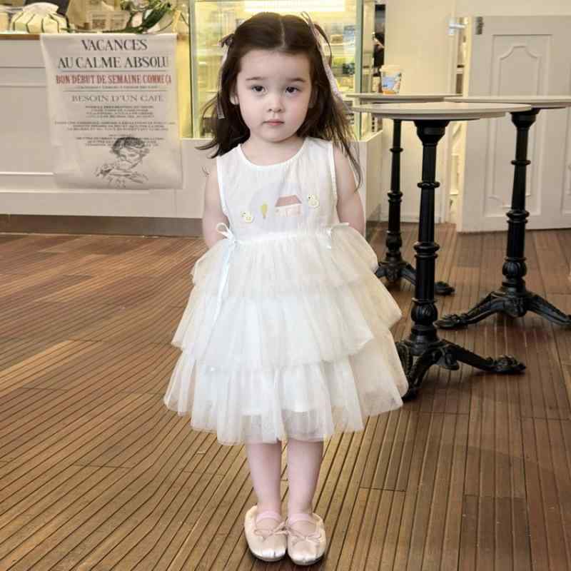 ワンピース 女の子 夏 子供 ベビー 柔らか綿混 チュール プリンセスドレス オフホワイト かわいい フレ..