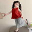 キッズ 女の子 セットアップ ノースリーブ チュニック ブラウス 九分丈パンツ レッド 春夏 薄手 柔らか..