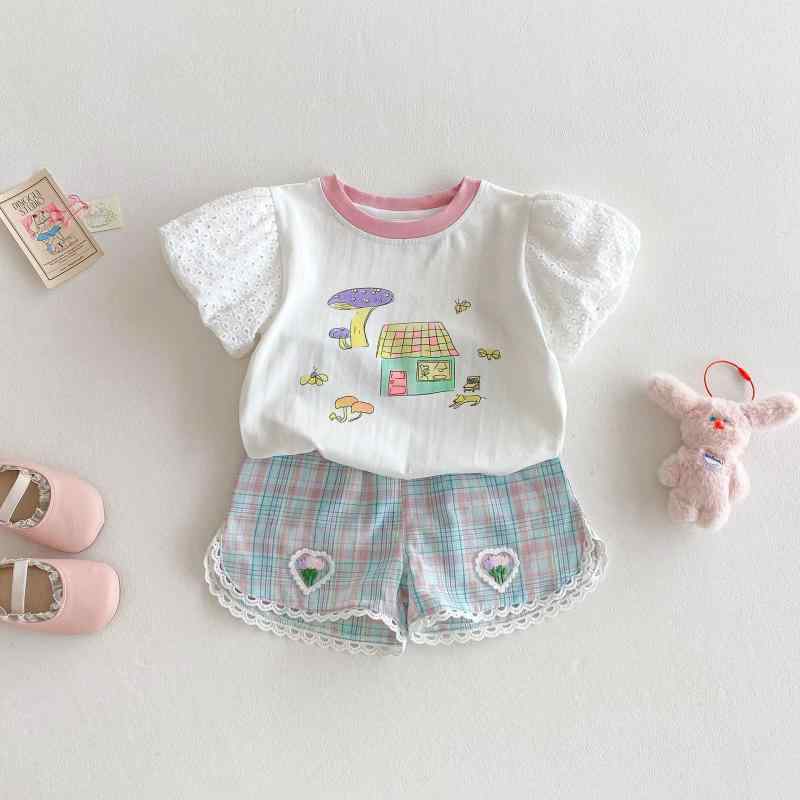 キッズ 女の子 柔らかい肌触り パフスリーブ Tシャツ キャラクター 刺繍 格子柄 ショートパンツ 夏服 上下2点セット 韓国風 綿素材
