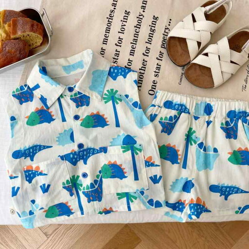 キッズ ベビー 男の子 恐竜 キャラクター ノースリーブ Tシャツ ショートパンツ 2点セット 夏 薄手 綿混 韓国風 普段着 カジュアル A類安全基準 キッズ ベビー 男の子 恐竜 キャラクター ノースリーブ Tシャツ ショートパンツ 2点セット 夏 薄手 綿混 韓国風 普段着 カジュアル A類安全基準