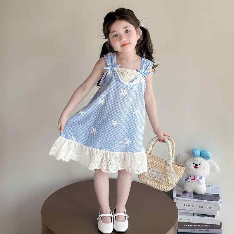 ワンピース 女の子 キッズ 柔らかい肌触り コットン素材 ブルーチェック柄 キャミソール プリンセスド..