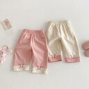 パンツ 女の子 ベビー 子供 薄手 ストレート カジュアル 韓国風 切り替え 刺繍 ウサギ柄 キャラクター 綿 長丈 夏 キャンディピンク クリームベージュ