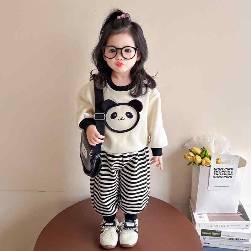 キッズ 女の子 ベビー 春夏 セットアップ パンダ ボーダー スウェット トレーナー スウェットパンツ 上下セット コットン 柔らかい肌触り カジュアル おしゃれ 長袖 2点セット
