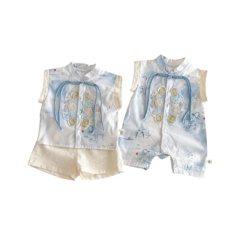 ロンパース カバーオール 新生児 ベビー 男女兼用 薄手 ノースリーブ 夏物 涼しい 中国風 水墨画 刺繍 綿 コットン 肌に優しい 吸汗速乾 汗対策 オールインワン