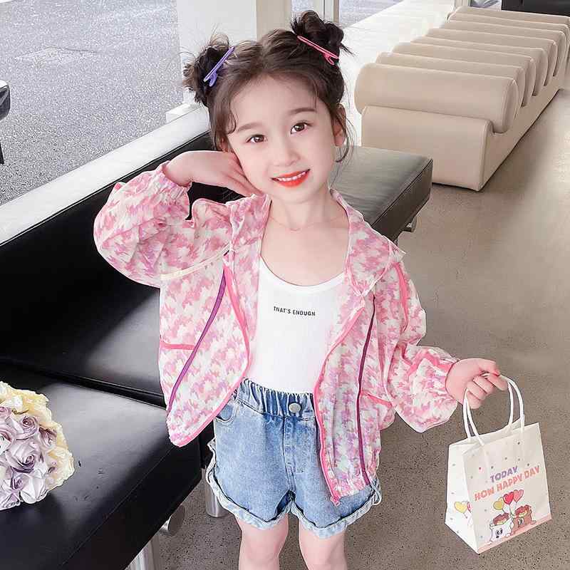 パーカー 女の子 キッズ UVカット 接触冷感 薄手 軽量 通気性抜群 冷房対策 フード付き アウター 千鳥格子柄