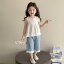 キッズ 女の子 春夏 セットアップ ノースリーブ かわいい チュニック レース 薄手 デニム ワイドパンツ..