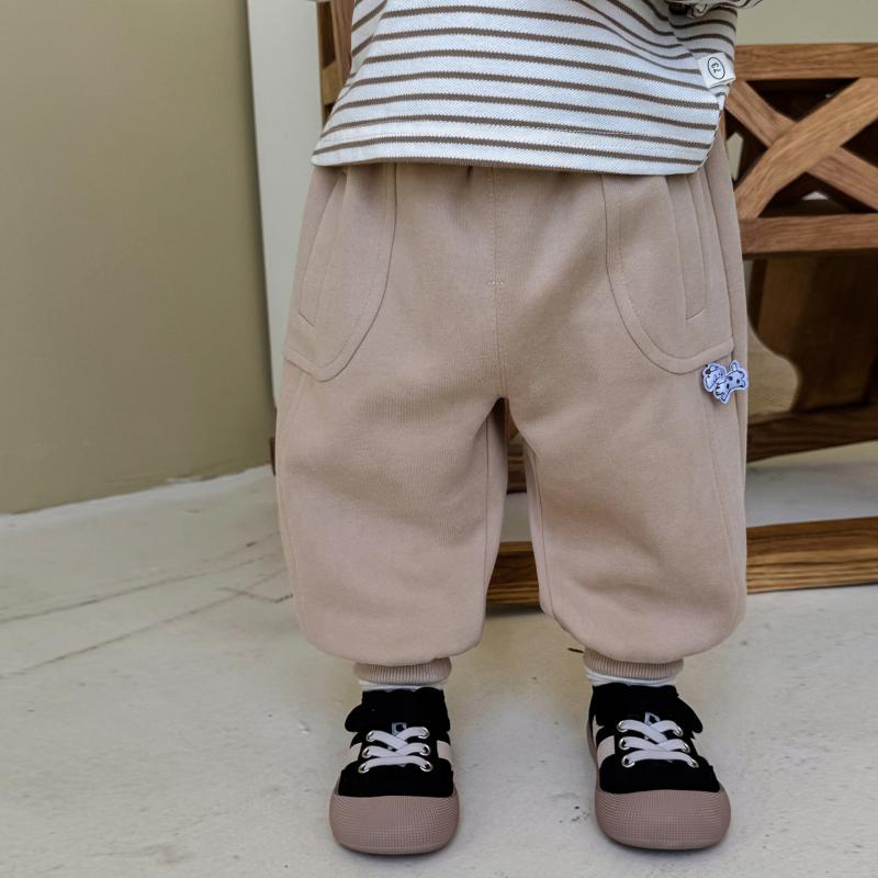 キッズ ベビー 男の子 A類安全基準 無地 ニット ワッペン付き 韓国風 ロング丈 カジュアルパンツ スポ..