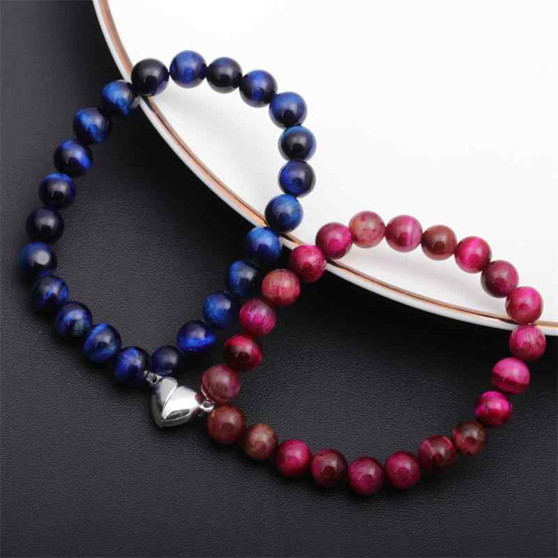 ペアブレスレット 男女兼用 マグネット式 ハート型 天然石 虎目石 風化石 ハンドメイド カップル 恋人 夫婦 記念日 誕生日 プレゼント クリスマス ホワイト...