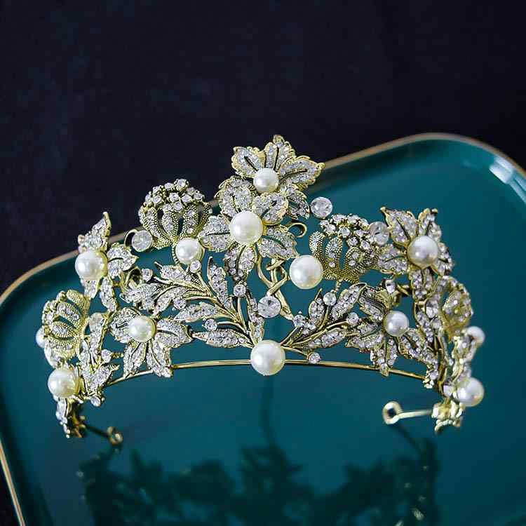 ティアラ レディース バロック調 レトロ ゴールド ラインストーン リーフモチーフ 煌めく 華やか ウェディング ブライダル 結婚式 披露宴 パーティー 発表会 花嫁 ヘアアクセサリー 合金製 電気メッキ(x2)