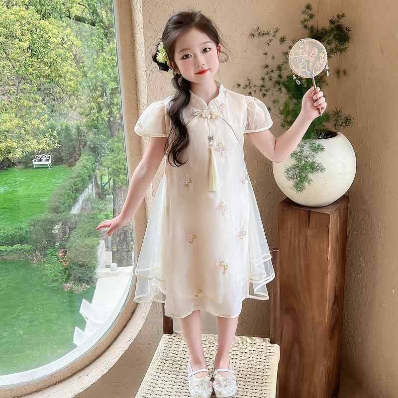 ワンピース 女の子 キッズ 柔らかい肌触り 新チャイナ風 中華風 民族風 蝶 タッセル プリンセスライン ..