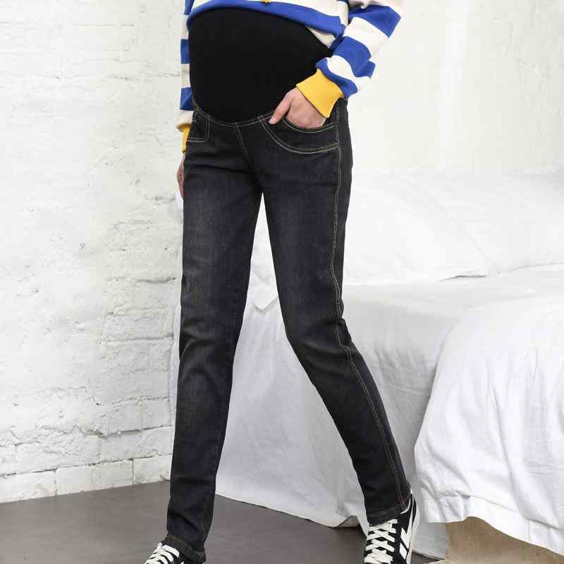 マタニティ デニムパンツ お腹サポート ハイストレッチ ロング丈 ゆったり 大きいサイズ 産前産後 綿混素材 通年 ブラック(x2)