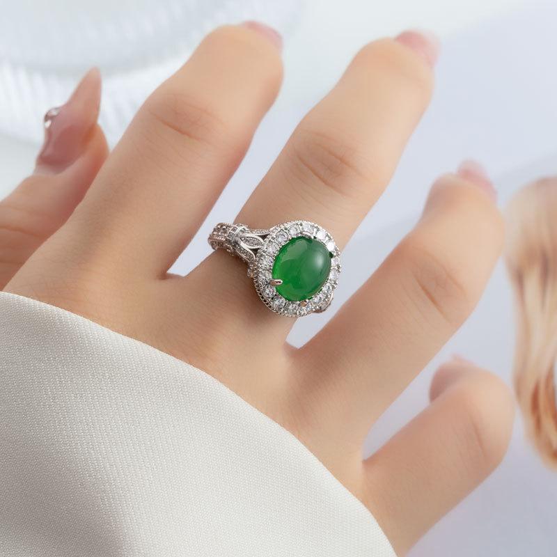 指輪 レディース 新中国風 高級感 緑瑪瑙 オーバル フリーサイズ マイクロセッティング 人差し指リング..
