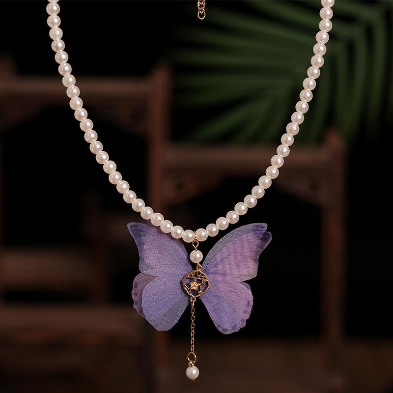 ネックレス 子供用 漢服 アクセサリー 中華風 レトロ 軟瓔珞 フェイクパール シフォン 蝶々 ショート丈 シンプル パープル ペンダント 春夏(x2)
