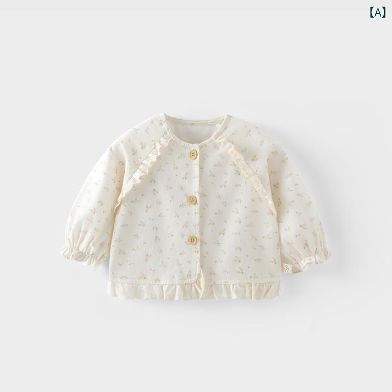 カーディガン 女の子 キッズ 小花柄 フリル 綿 コットン 長袖 前開き 丸襟 ショート丈 おしゃれ 韓国風 秋物 羽織り 子供服