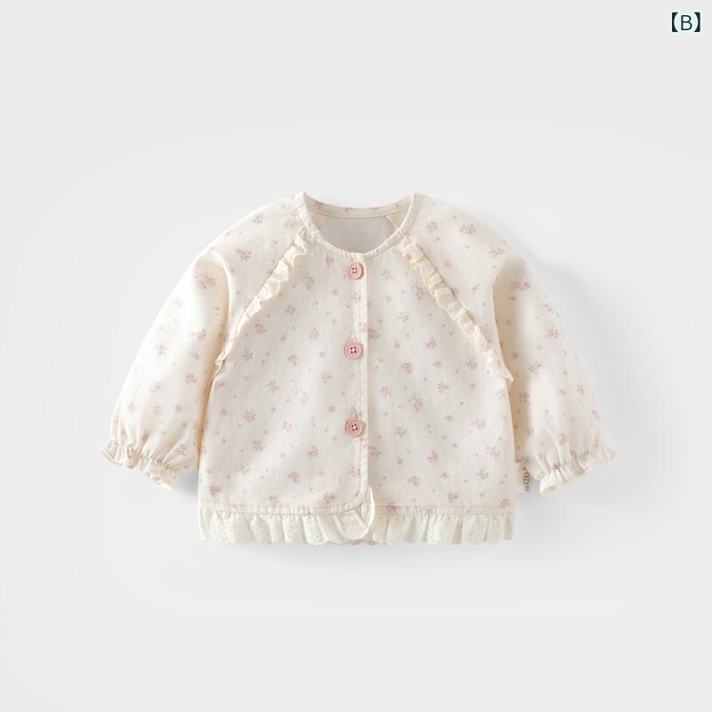 カーディガン 女の子 キッズ 小花柄 フリル 綿 コットン 長袖 前開き 丸襟 ショート丈 おしゃれ 韓国風 秋物 羽織り 子供服
