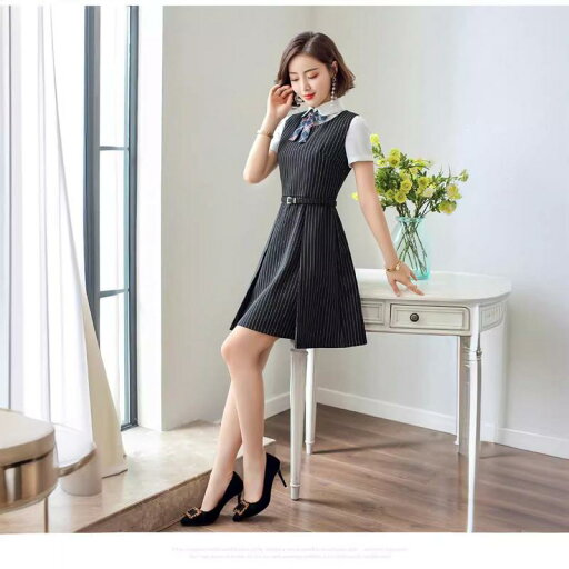 ワンピース レディース 保育士 幼稚園教諭向け ストライプ柄 制服 半袖 夏服 仕事服 通勤 Aライン ミモレ丈 ラウンドネック 2点セット 面接 事務服 ポリエステル素材 ワンピース レディース 保育士 幼稚園教諭向け ストライプ柄 制服 半袖 夏服 仕事服 通勤 Aライン ミモレ丈 ラウンドネック 2点セット 面接 事務服 ポリエステル素材