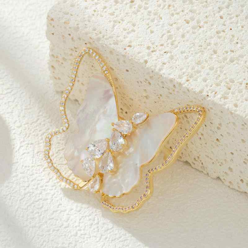 ブローチ レディース 高級感 天然シェル 蝶 昆虫 個性的 ユニーク 透かし彫り マイクロセッティング 銅製 エレガント きらめく ギフト プレゼント(4)