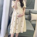 マタニティ ワンピース 夏 花柄 韓国風 かわいい パフスリーブ ミモレ丈 ラウンドネック 清涼感 シンプル カジュアル ゆったり