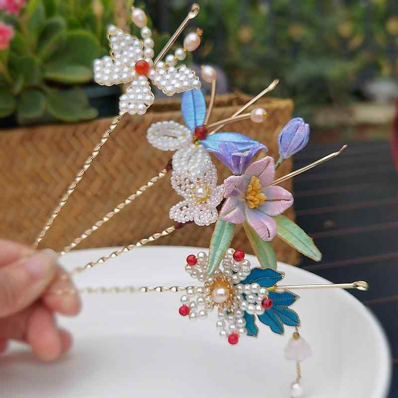 かんざし レディース パール ビーズ 糸巻き花 手作り 宋代風 レトロ 宮廷風 上品 エレガント 華やか 和..