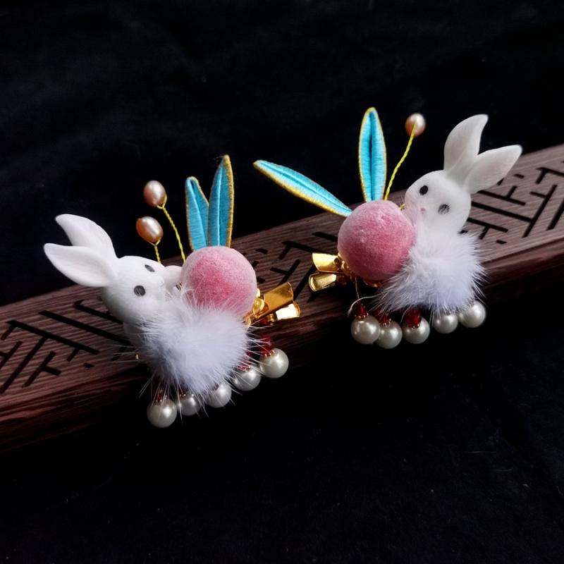 髪飾り キッズ 女の子 かわいい もこもこ うさぎ 桃モチーフ フラワー レトロ調 ヘアクリップ 2個セット サイドクリップ ハンドメイド(x5)