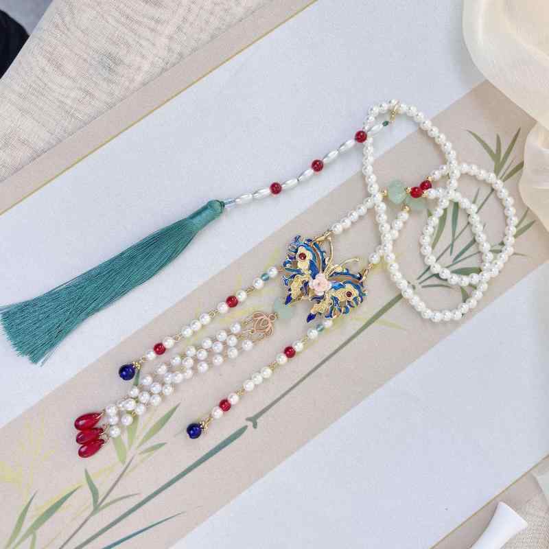 ネックレス レディース 漢服風 宮廷レトロ フェイクパール 瓔珞 ロング丈 蝶モチーフ 宋代 焼青瑠璃 ペ..