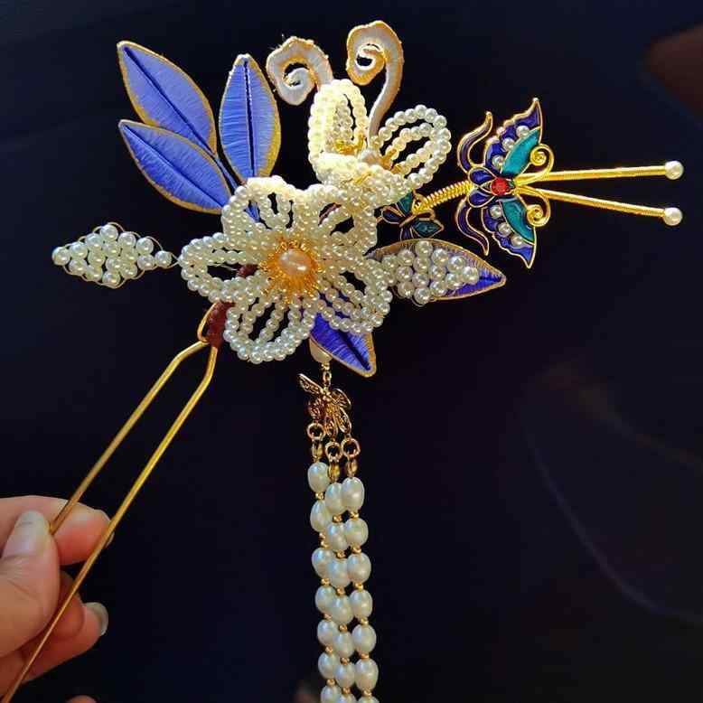 簪 古風 パール ビーズ 装飾 点翠風 金縁 シルク 糸巻き 花 タッセル 漢服 チャイナドレス ヘアアクセ..