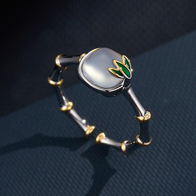 指輪 レディース 新中国風 竹節モチーフ フリーサイズ オープンリング 高級感 ホワイトアゲート 光沢エ..