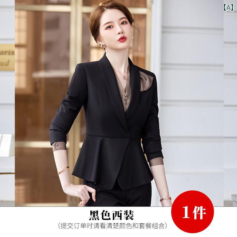 ビジネススーツ レディース 長袖 セットアップ オフィス 通勤 エレガント ホテル 受付 美容師 宝飾店 事務服 ポリエステル レーヨン 混紡 ブラック グレー ブルー